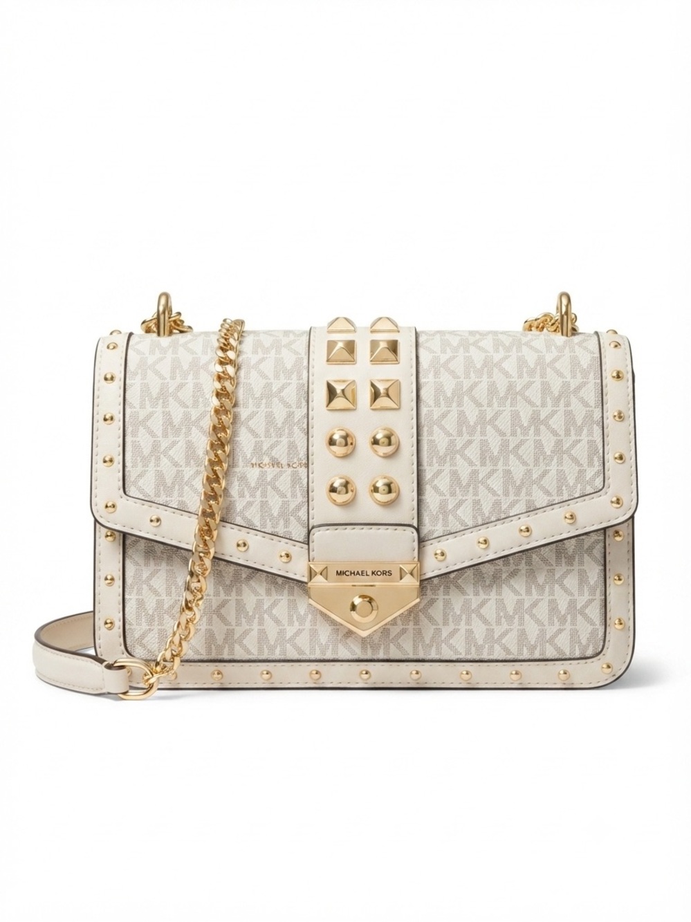 Michael Kors Soho Large Studded Signature Shoulder Logo Bag, Light Cream in Box